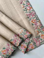 Pure Tussar Silk Saree – Floral & Bird Embroidery