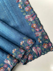 Pure Tussar Silk Saree – Floral & Bird Embroidery