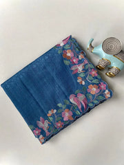Pure Tussar Silk Saree – Floral & Bird Embroidery