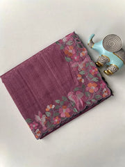 Pure Tussar Silk Saree – Floral & Bird Embroidery