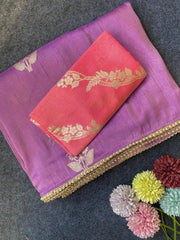 Viscose Dola Saree with Zari Motifs & Lace Border