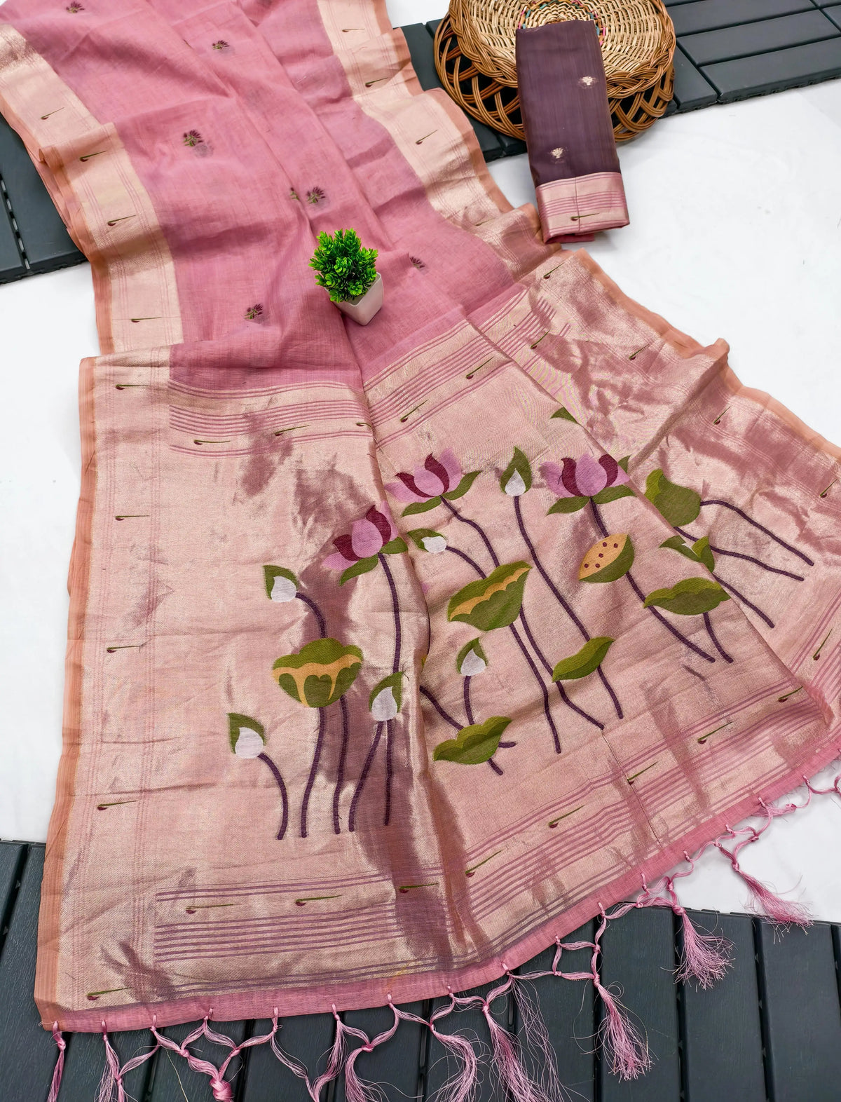 Pure Muga Cotton Lotus Paithani Saree