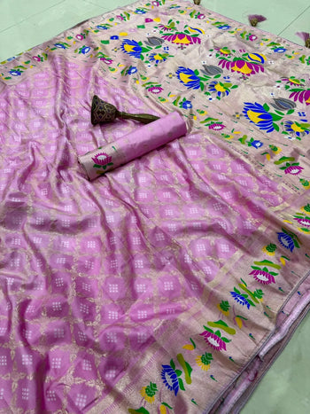 Dola Silk Flower Border Bandhej Paithani Saree