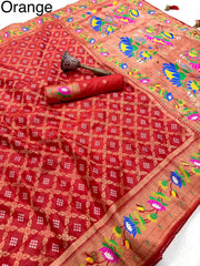 Dola Silk Flower Border Bandhej Paithani Saree