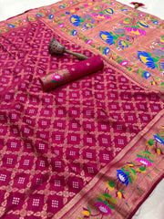 Dola Silk Flower Border Bandhej Paithani Saree