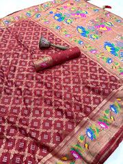 Dola Silk Flower Border Bandhej Paithani Saree