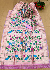 Blush Pink Multicolor Floral Motifs Paithani Silk Saree
