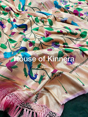 Blush Pink Multicolor Floral Motifs Paithani Silk Saree