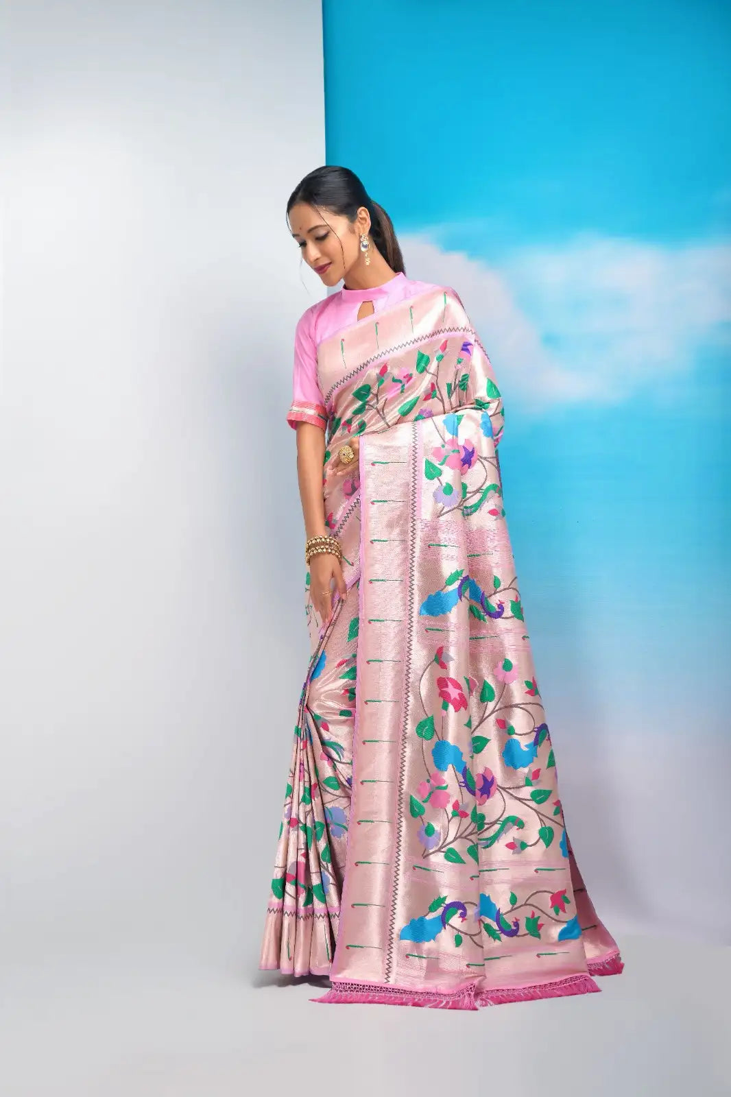 Blush Pink Multicolor Floral Motifs Paithani Silk Saree