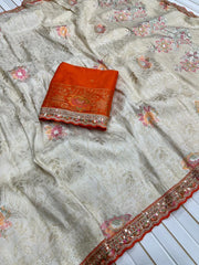 Pure Dola Silk Zari Woven Embroidered Border Saree
