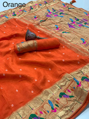 Viscose Gaji Silk Bandhej Paithani Fusion Handmade Saree