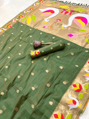 Pure Soft Muga Cotton Rajhans Paithani Saree