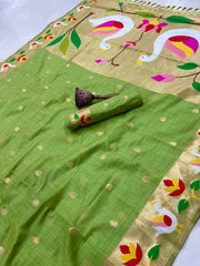 Pure Soft Muga Cotton Rajhans Paithani Saree