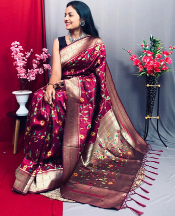 Parrot & Floral Weaving Paithani Soft Silk Saree