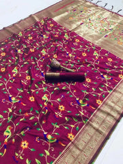Parrot & Floral Weaving Paithani Soft Silk Saree
