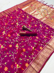 Parrot & Floral Weaving Paithani Soft Silk Saree