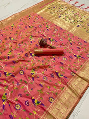 Parrot & Floral Weaving Paithani Soft Silk Saree