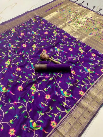 Parrot & Floral Weaving Paithani Soft Silk Saree