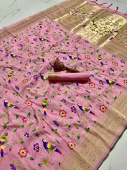 Parrot & Floral Weaving Paithani Soft Silk Saree