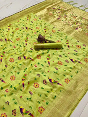 Parrot & Floral Weaving Paithani Soft Silk Saree