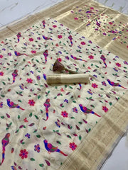 Parrot & Floral Weaving Paithani Soft Silk Saree