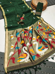 Premium Soft Pure Linen Silk Rajhans Saree