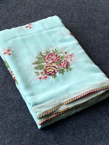 Soft Satin Kashmiri Style Georgette Embroidery Saree