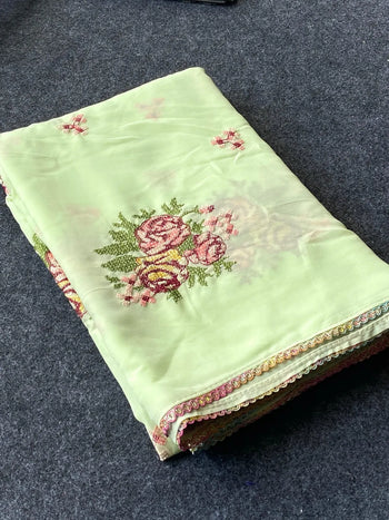 Soft Satin Kashmiri Style Georgette Embroidery Saree