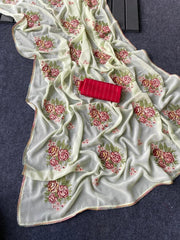 Soft Satin Kashmiri Style Georgette Embroidery Saree