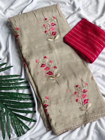 Paper Silk Floral Embroidery Zari Lace Saree