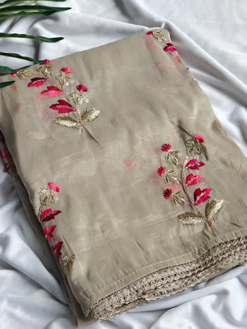 Paper Silk Floral Embroidery Zari Lace Saree