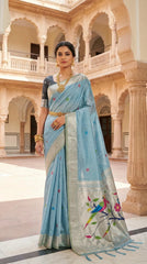 Pure Muga Cotton Parrot Paithani Saree