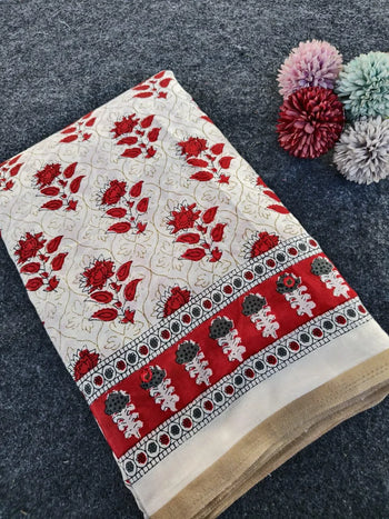 Pure Cotton Chanderi Ajarakh Printed Saree