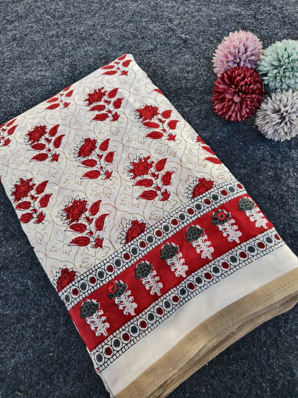 Pure Cotton Chanderi Ajarakh Printed Saree