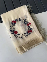 Viscose Georgette Embroidery Crown Thread Work Saree