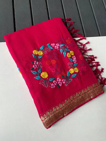 Viscose Georgette Embroidery Crown Thread Work Saree