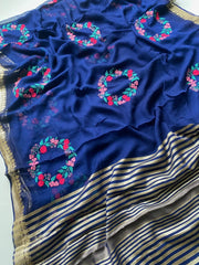 Viscose Georgette Embroidery Crown Thread Work Saree