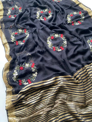 Viscose Georgette Embroidery Crown Thread Work Saree