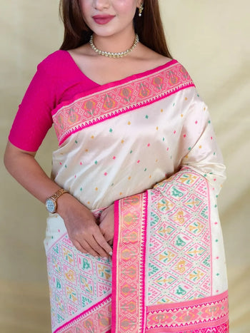 Ivory Soft Silk Multithread Work Designer Patola Saree