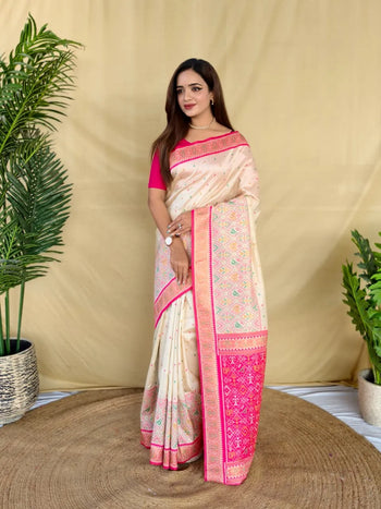 Ivory Soft Silk Multithread Work Designer Patola Saree