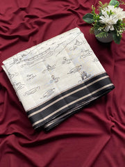 Off-White Handloom Cotton Silk Saree with Scenic Kalamkari-Inspired Borde