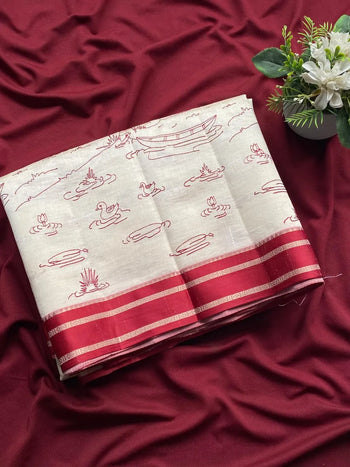 Off-White Handloom Cotton Silk Saree with Scenic Kalamkari-Inspired Borde