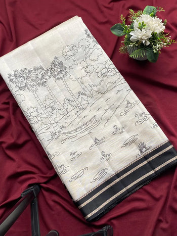 Off-White Handloom Cotton Silk Saree with Scenic Kalamkari-Inspired Borde