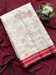 Off-White Handloom Cotton Silk Saree with Scenic Kalamkari-Inspired Borde