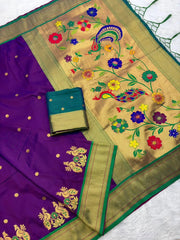 Soft Silk Paithani Traditional Pallu & Peacock Border Saree