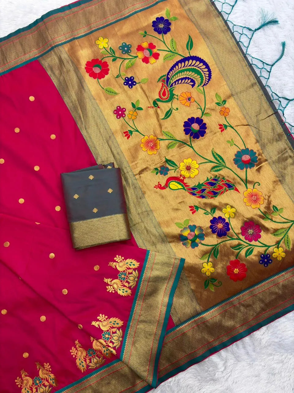 Soft Silk Paithani Traditional Pallu & Peacock Border Saree