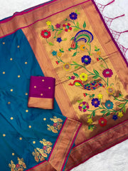 Soft Silk Paithani Traditional Pallu & Peacock Border Saree