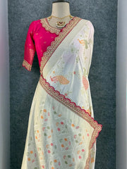 Heavy Dola Silk Weaving & Embroidery Border Saree (Unstiched Blouse)