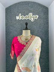 Heavy Dola Silk Weaving & Embroidery Border Saree (Unstiched Blouse)