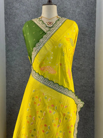 Heavy Dola Silk Weaving & Embroidery Border Saree (Unstiched Blouse)